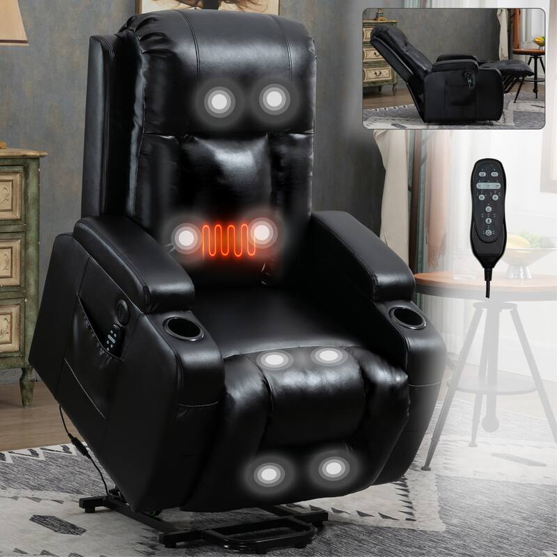Black Elderly-Friendly Power Lift Recliner with Vibration Massage, Lumbar Heating, USB Port, and Cup Holders