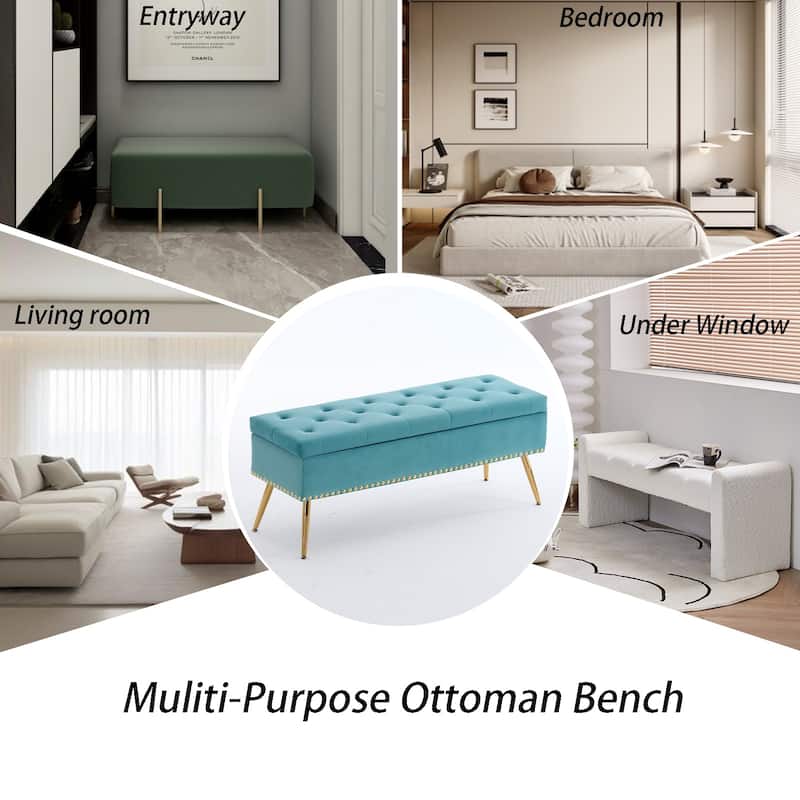 Velvet Storage Ottoman Bench with gold legs and Nailhead Trim for Bedroom/End of Bed/Entryway/Window