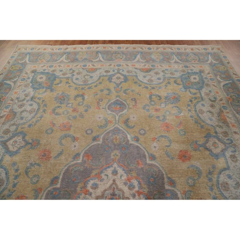 Hand Knotted Oriental 100% Wool Carpet Traditional Medallion Yellow & Gold Tabriz Area Rug - 12' 11'' X 9' 6''