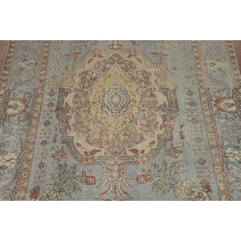 Hand Knotted Oriental 100% Wool Carpet Traditional Medallion Navy Blue & Blues Tabriz Area Rug - 10' 9'' X 7' 8''