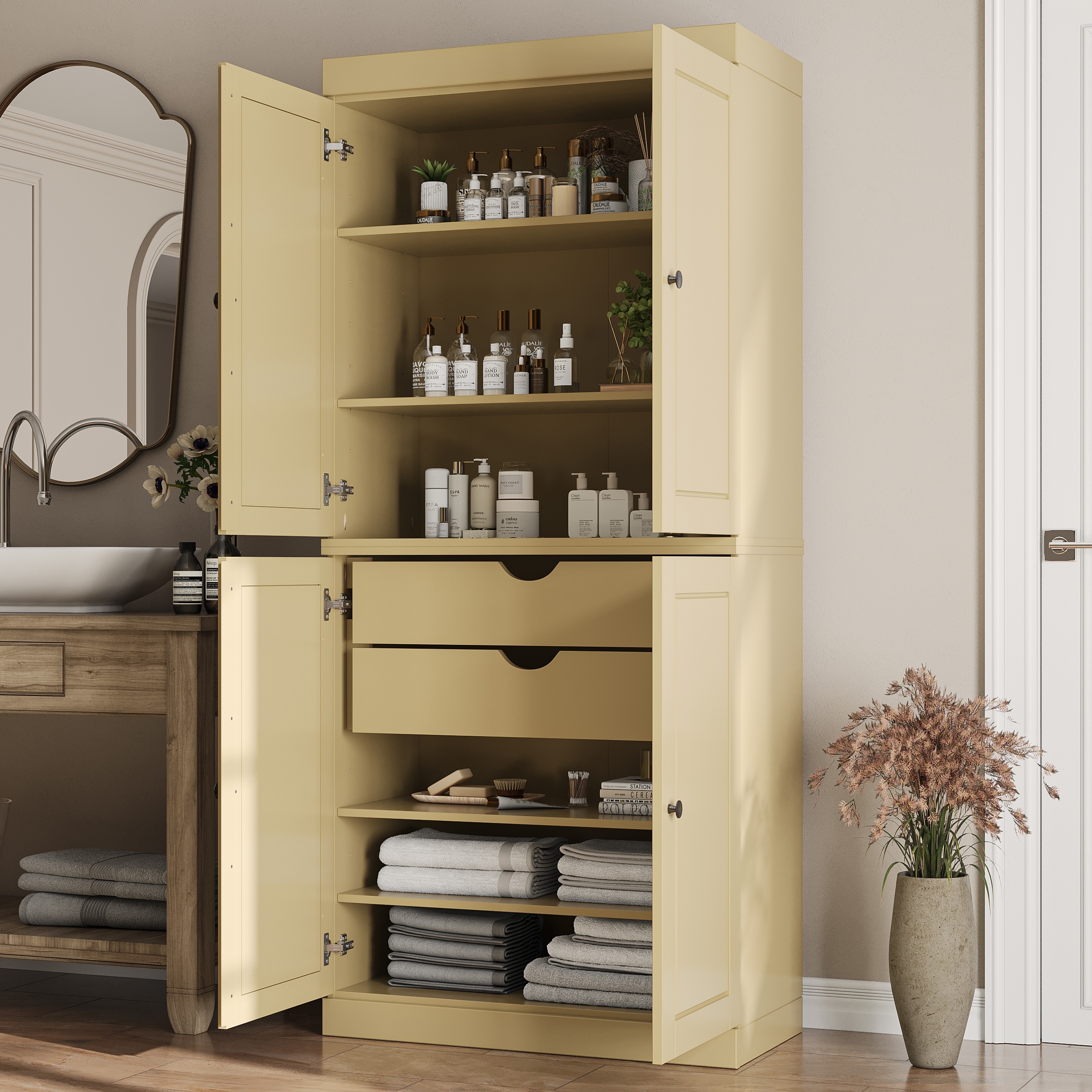 100% Solid Wood Tall Bathroom Linen Storage Cabinet with Doors & Drawers, 32" W x 71.5" H, Palace Imports