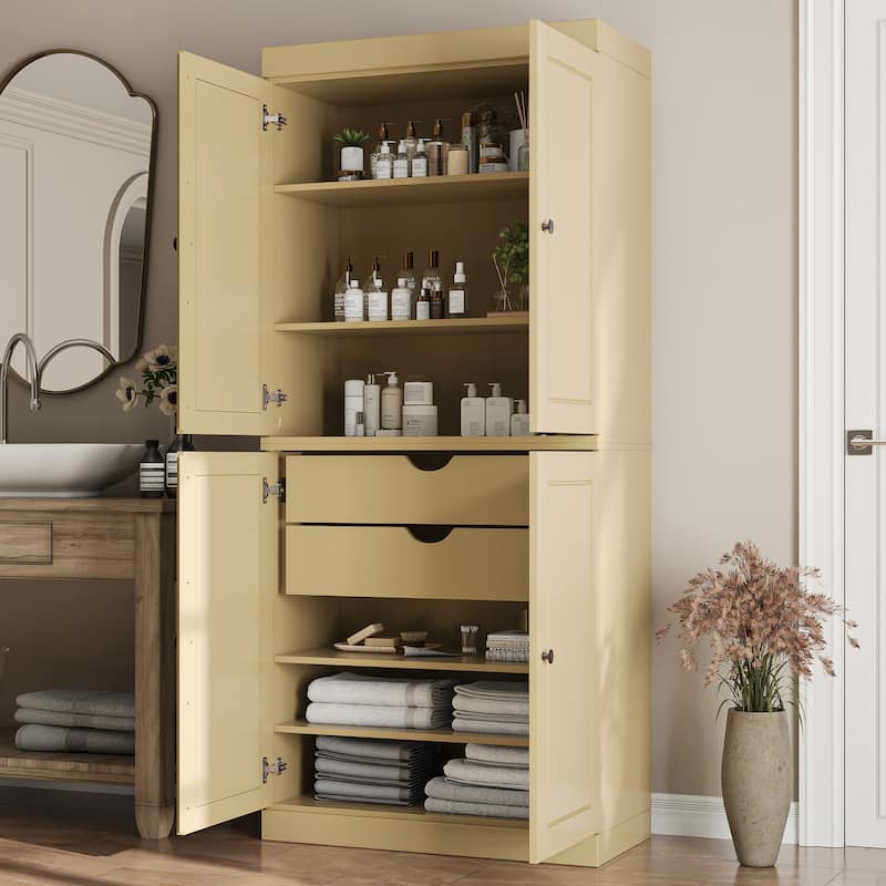 Palace Imports 100% Solid Wood Bathroom Storage Cabinet, Raised Panel Doors, 2 Drawers, Adjustable Shelves, 32" Wide, 71.5" Tall - Yellow