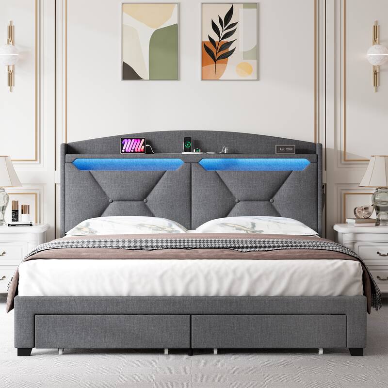 Modern Platform Bed with RF LED Lights and Storage Headboard - Gray - Queen