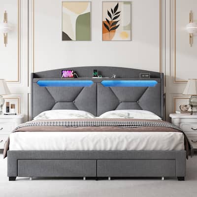 Modern Platform Bed with RF LED Lights and Storage Headboard