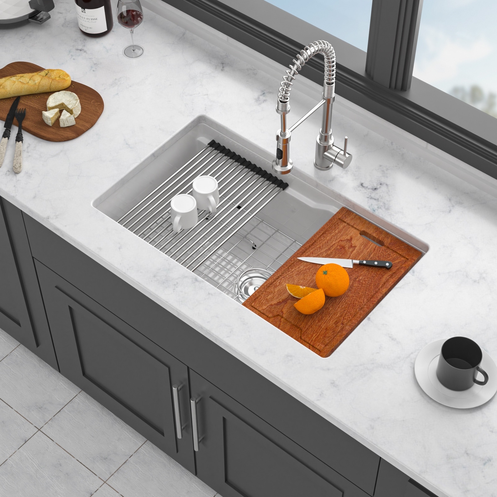 32 Inch Undermount Single Bowl Porcelain Fireclay Kitchen Sink in