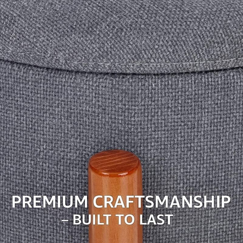 Modern Linen Ottoman with Pine Legs and Hidden Storage Flip Tray