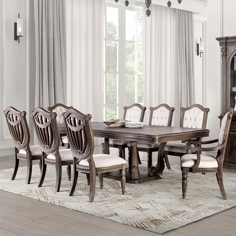 Rectangular Wooden Dining Table with Upholstered Seat in Weathered Oak and Beige