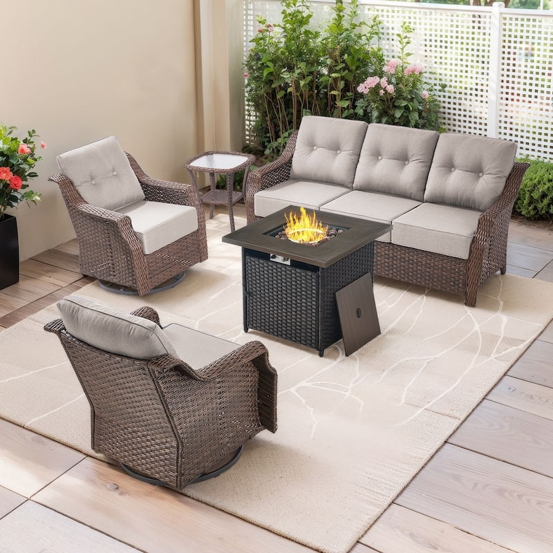 5-Piece Sofa Swivel Chairs with 30 Inch Fire Pit Table - Brown Wicker & Beige Cushion