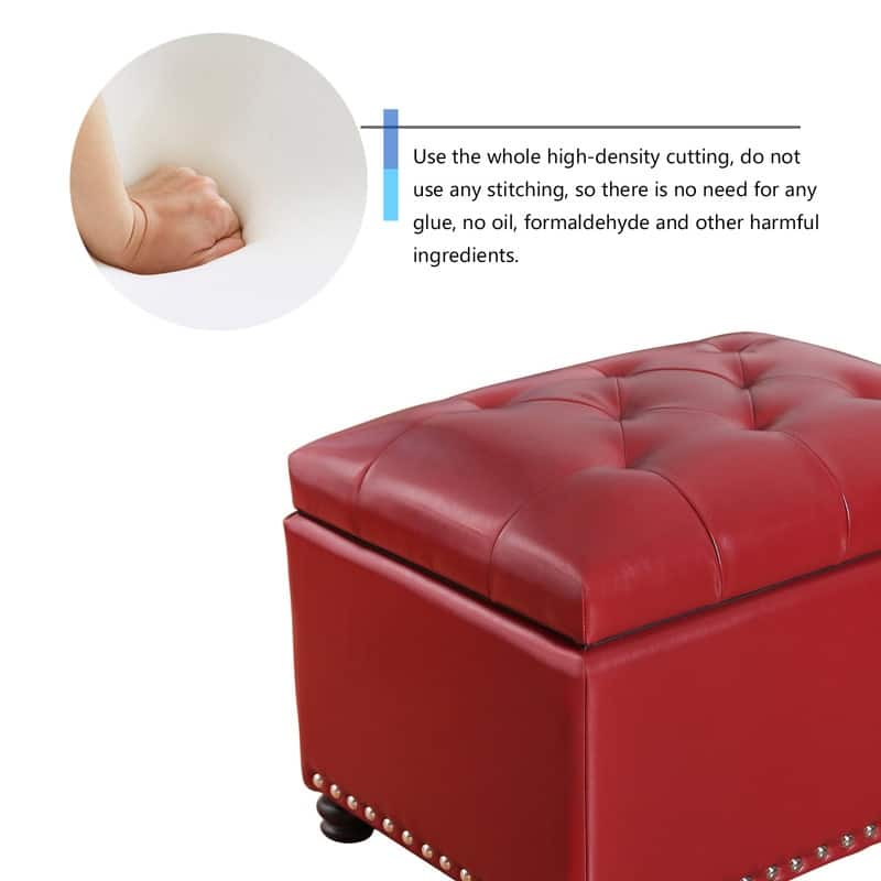 Adeco Red Leather Rectangular Storage Ottoman with Lid