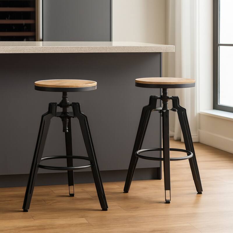 HomeRoots Set of Two Natural and Black Iron and Wood Backless Adjustable Height Swivel Bar Chairs - Adjustable - Natural - Set of 2