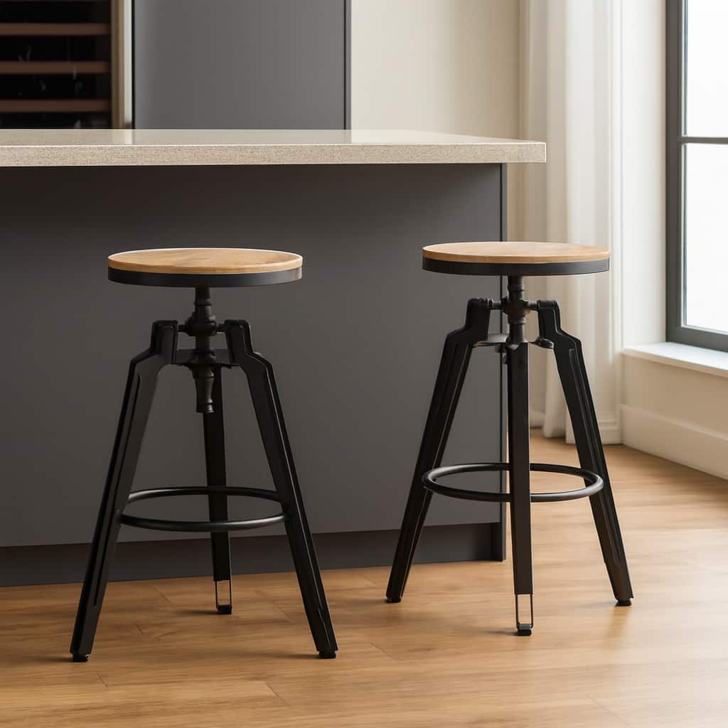 HomeRoots Set of Two Natural and Black Iron and Wood Backless Adjustable Height Swivel Bar Chairs