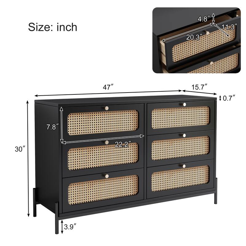 Modern Wood Storage Cabinet with 6 Rattan Drawers for Bedroom, Living Room, Entryway
