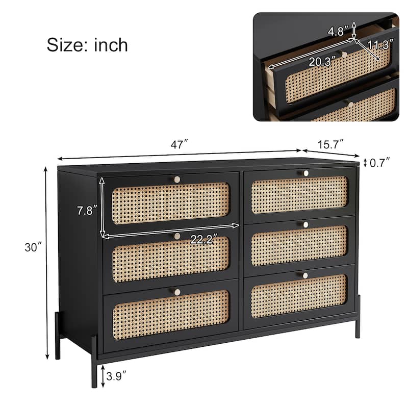 Rattan Dresser for Bedroom with 6 Drawer,Wood Durable Dressers & Chests of Drawers with Metal Legs