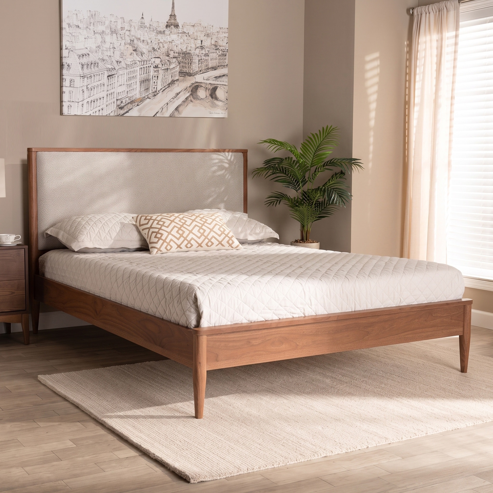 Christopher Knight Home - Mid-Century Modern Platform Bed Solid Wood with Boucle Upholstered Headboard