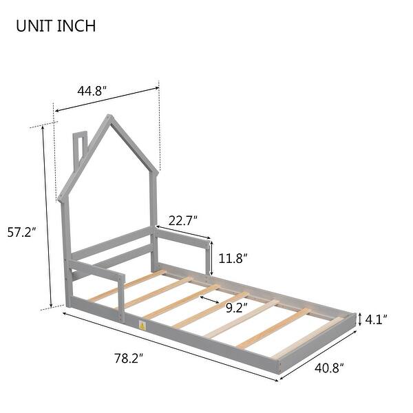 dimension image slide 2 of 6, Twin Floor Bed with House Frame, Rails, and Pine Construction