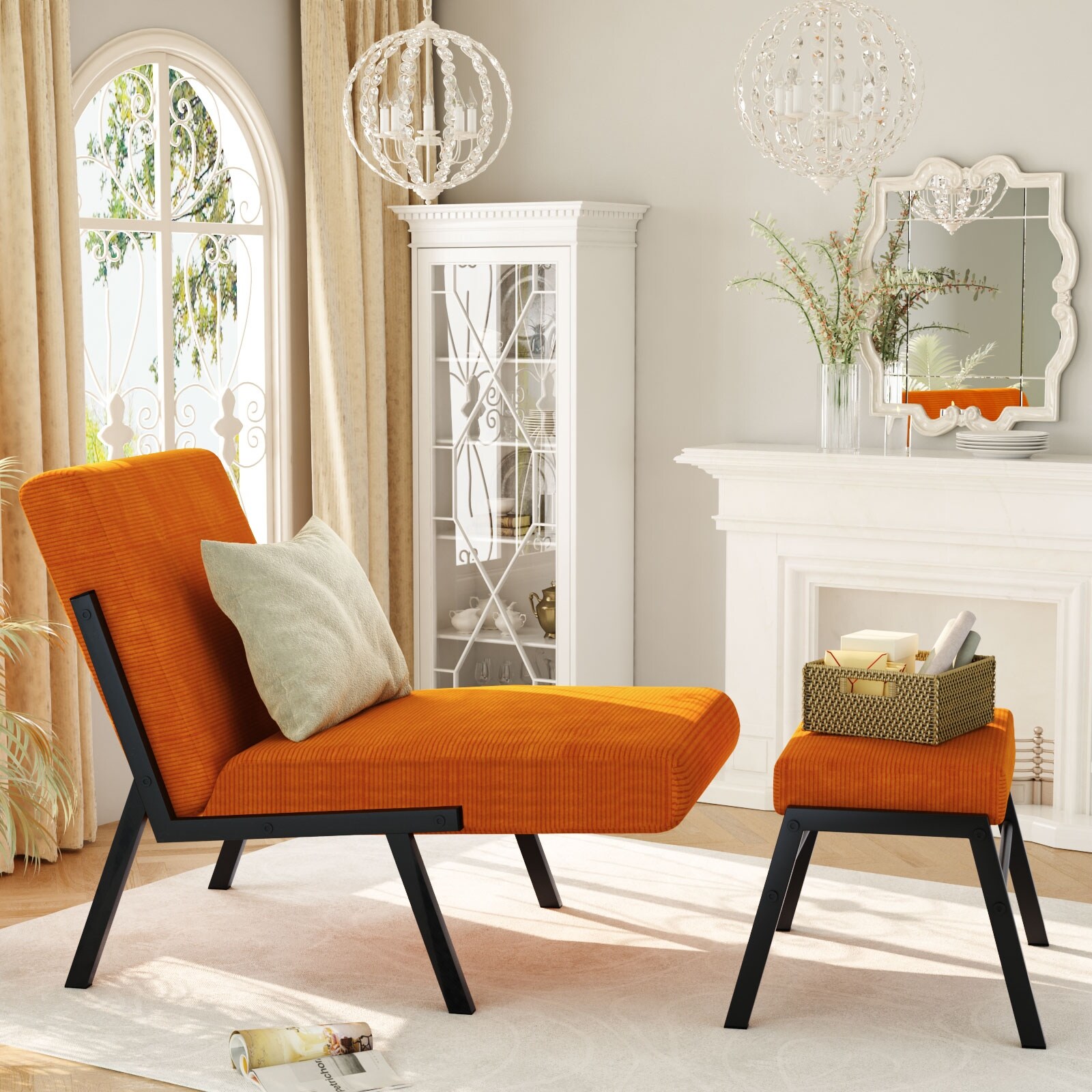 Orange accent top chair with ottoman