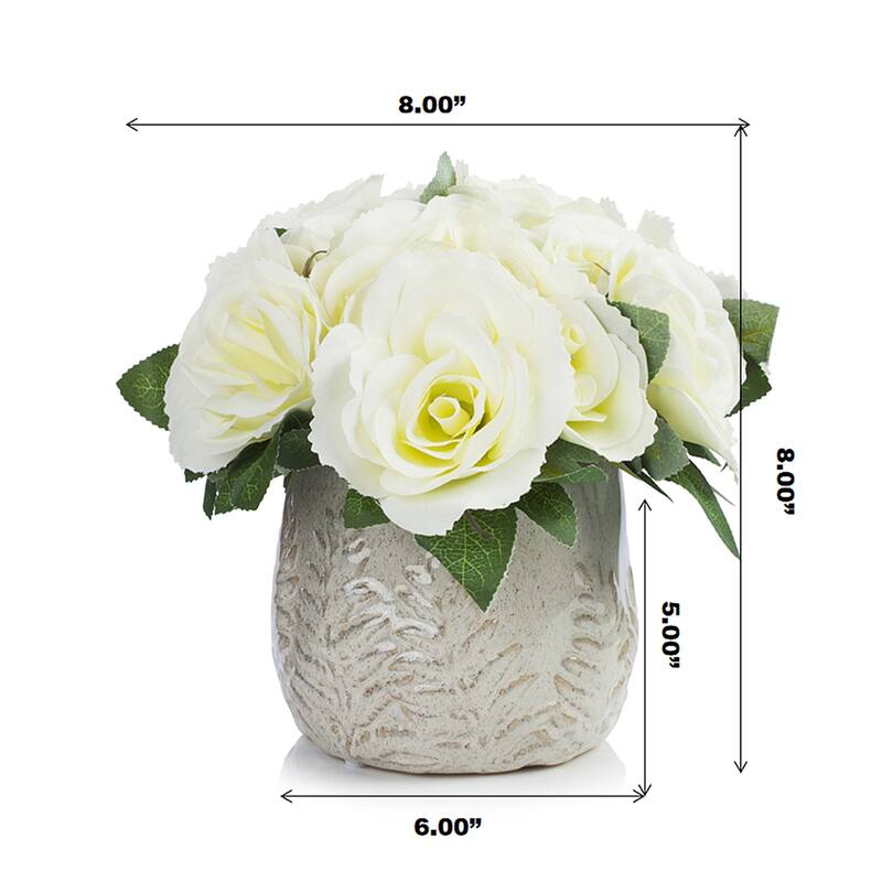 Enova Home Artificial Velvet Roses Faux Silk Flowers Arrangement in Round Tapered Ceramic Pot for Home Wedding Decoration
