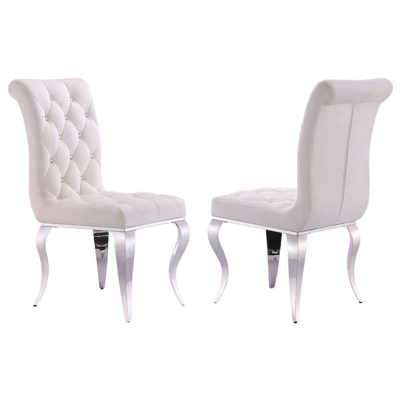 Velvet Upholstered Chairs with Crystal Decor Button Tufted back and Mirror metal Cabriole Legs - White/Silver
