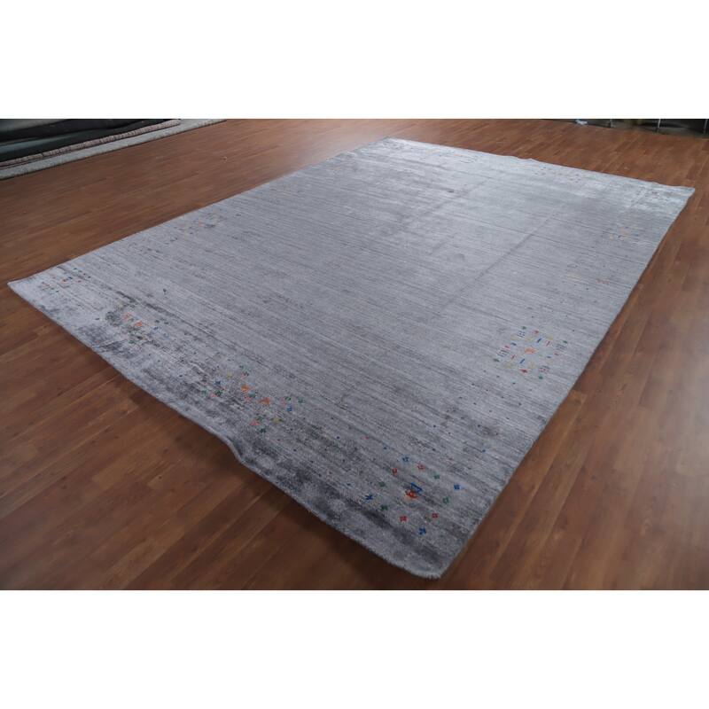 Hand Knotted Oriental Viscose Silk Carpet Tribal Animal Pictorial Greys & Charcoal Gabbeh Area Rug - 12' 1'' X 9' 0''