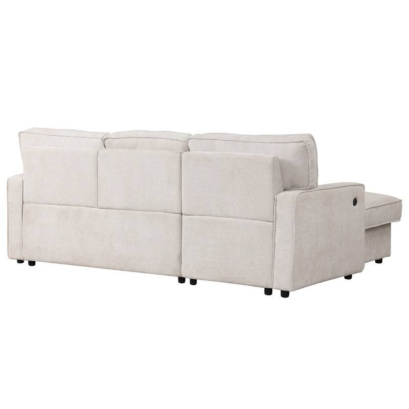 Upholstery Sleeper Sectional Sofa with Storage and 2 Cup Holder, Modern Corner Sectional with Pull-Out Sleeper and USB port