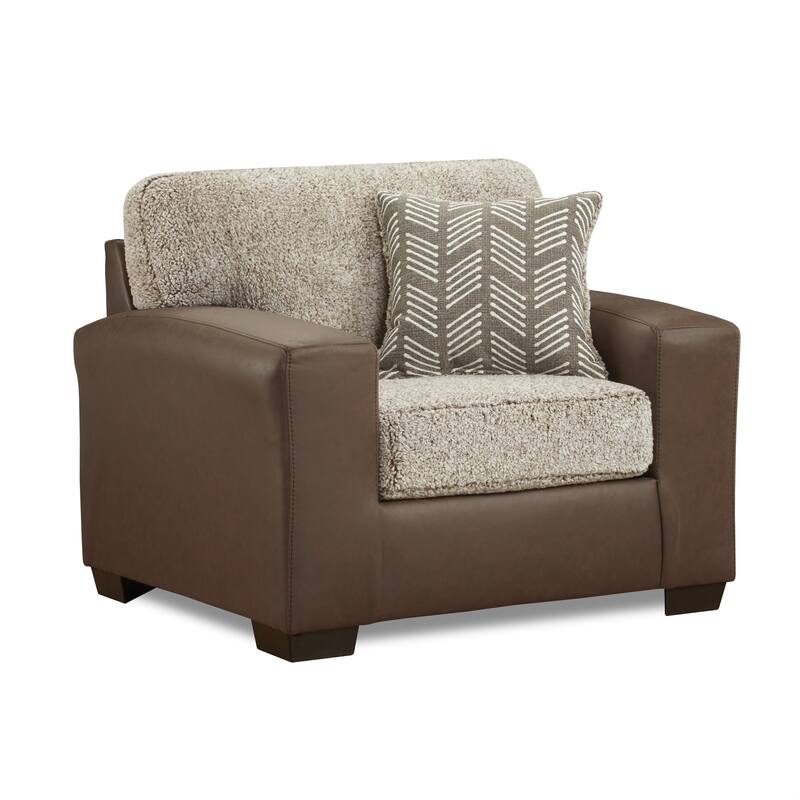 Roundhill Furniture Marvella 2-Piece Living Room Set, Chair and Ottoman, Chocolate Faux Leather and Curly Shearling Upholstery