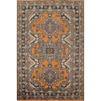 Geometric Kazak Accent Rug Handmade Oriental Orange Wool Carpet - 4'0"x 5'11"