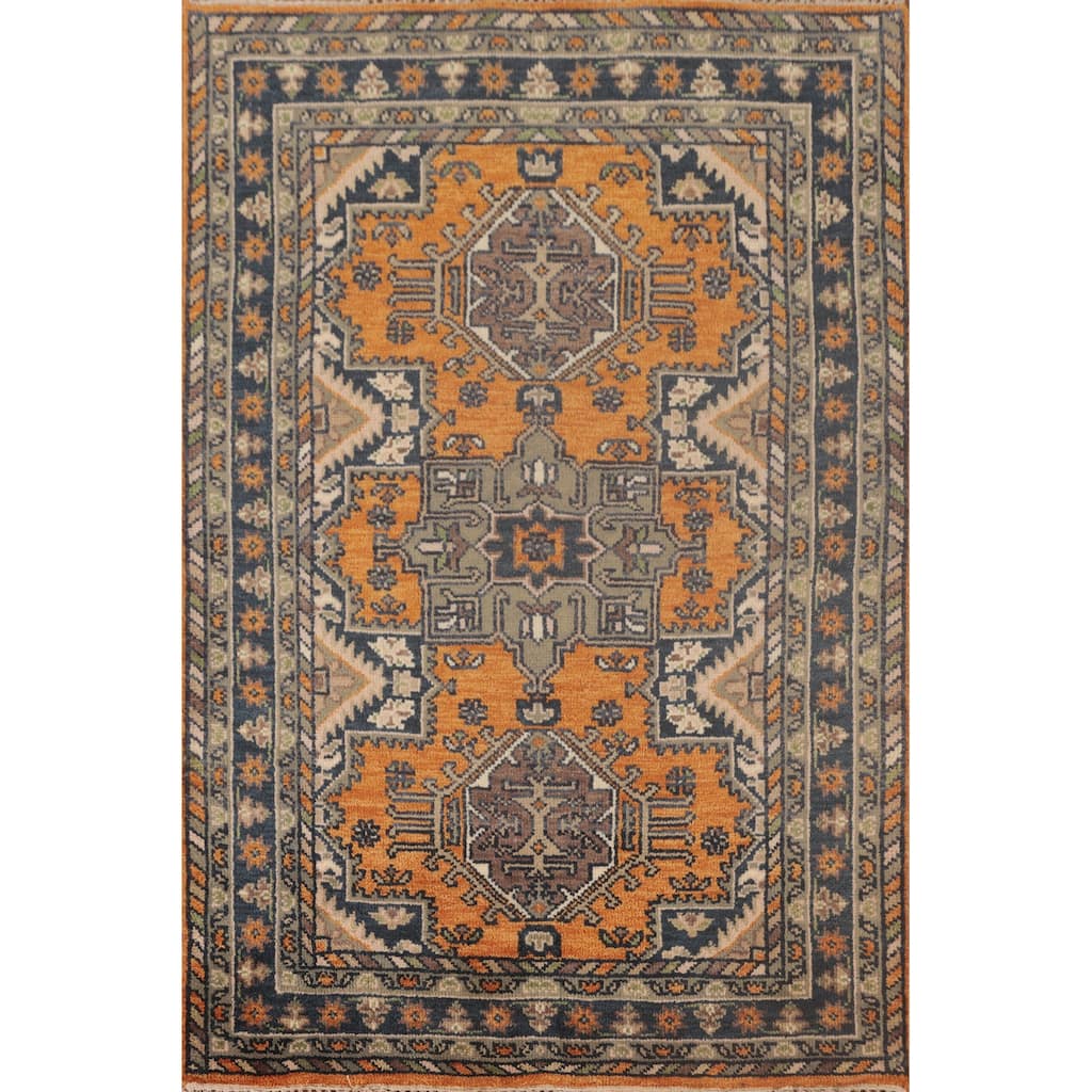 Geometric Kazak Accent Rug Handmade Oriental Orange Wool Carpet - 4'0"x 5'11"