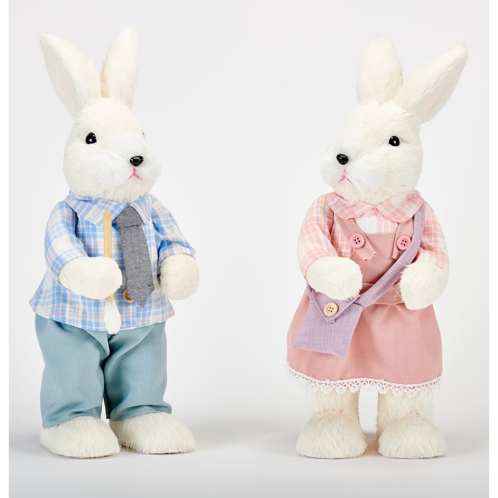 14" Boy and Girl White Sisal Standing Dressed Easter Bunny, Set of 2 - 14