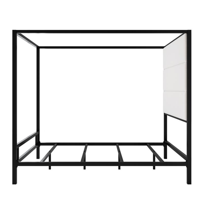 Metal Frame Canopy Bed Four Poster Bed Velvet Fabric Upholstered Headboard Wingback Bed, Modern Low Profile Platform Bed