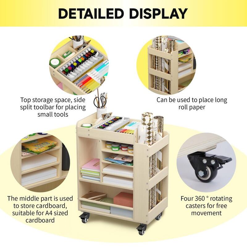Wooden Art Storage Cart with Wheels - 19.69"D x 12.6"W x 25.6"H