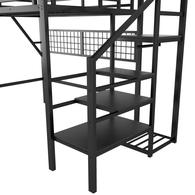 Queen/Full Loft Bed with Stairs, Storage & Wardrobe, Metal High Loft Bed with Lighting