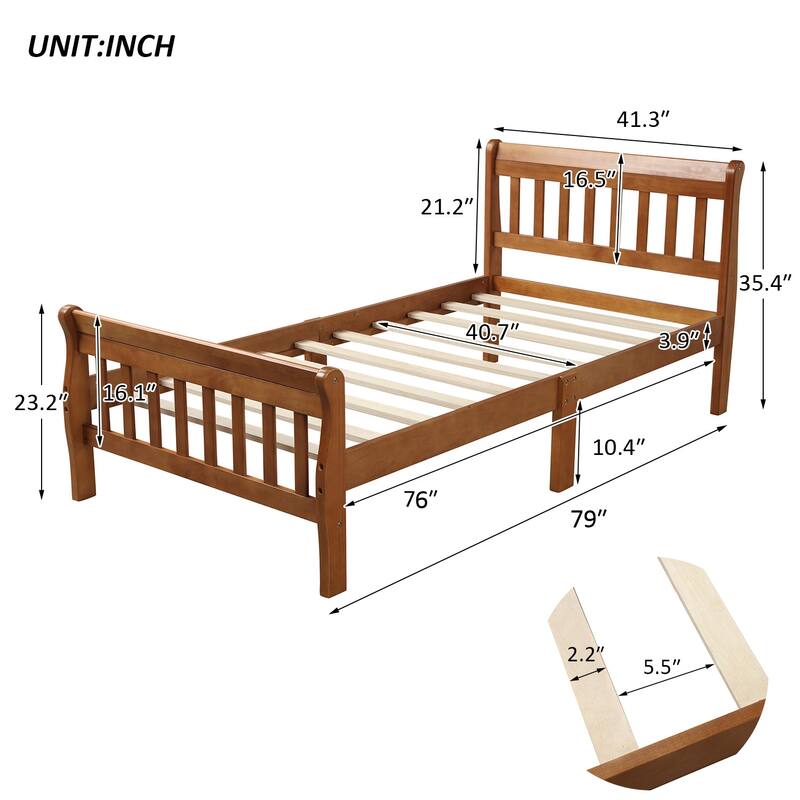 Twin Size Platform Bed Solid Wood Sleigh Bed Frame with Hollow Designed Headboard, Footboard and Wood Slat Support
