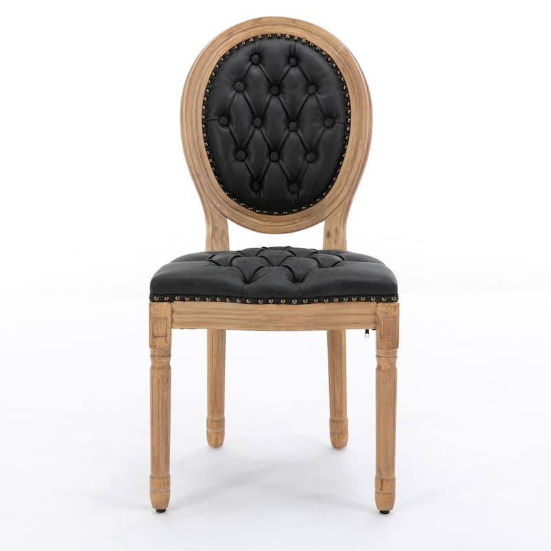 Vintage Accent Chair Dining Chair with Wood Legs, Black Leather Lounge Chair Padded Chair with Nailhead Trim