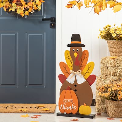 Glitzhome 31"H Thanksgiving Wooden Turkey Porch Decor(KD)