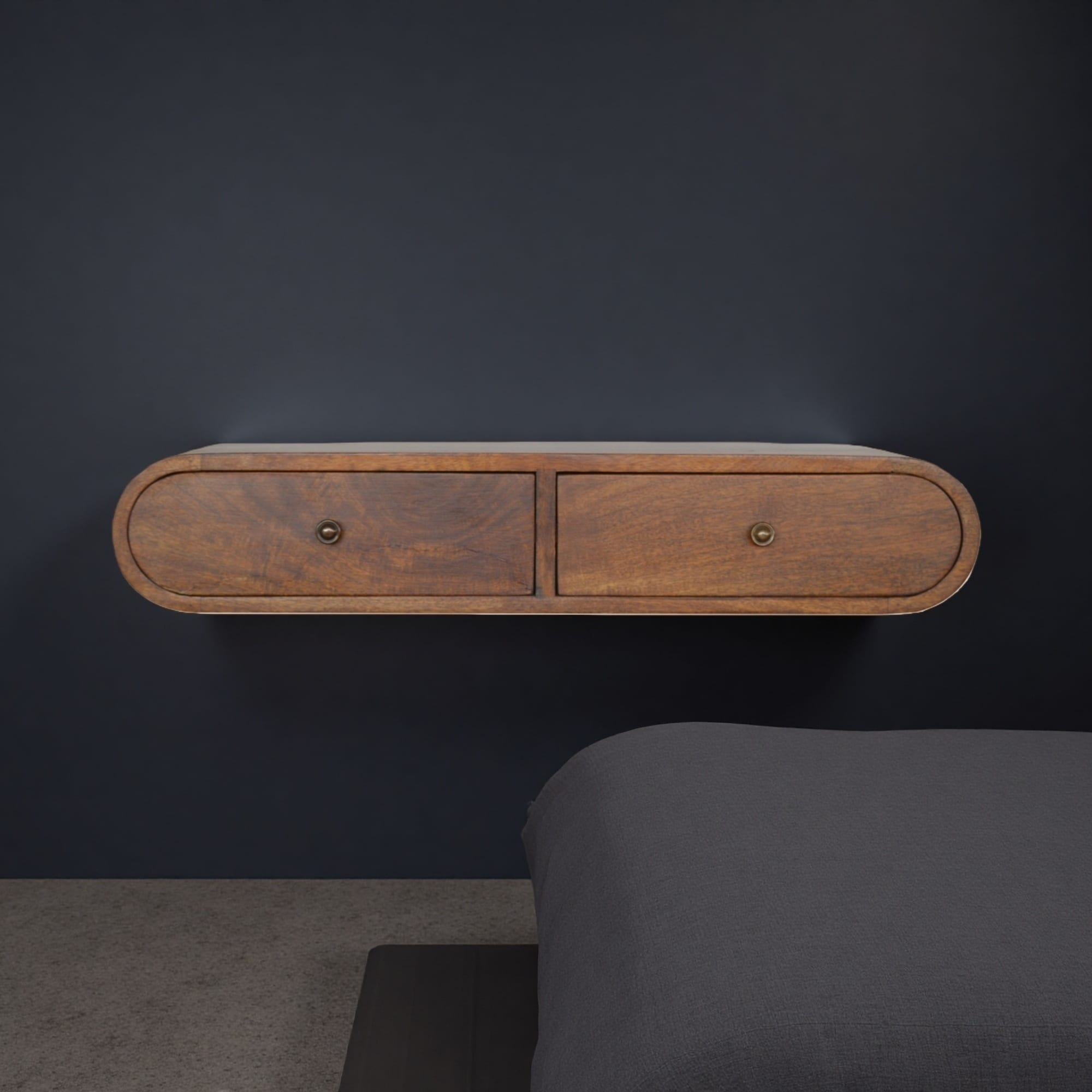 31.5"L Solid Wood Floating London Console Table, 2-Drawer Wall-Mounted Console, Chestnut Finish, Modern Clean-Line Design