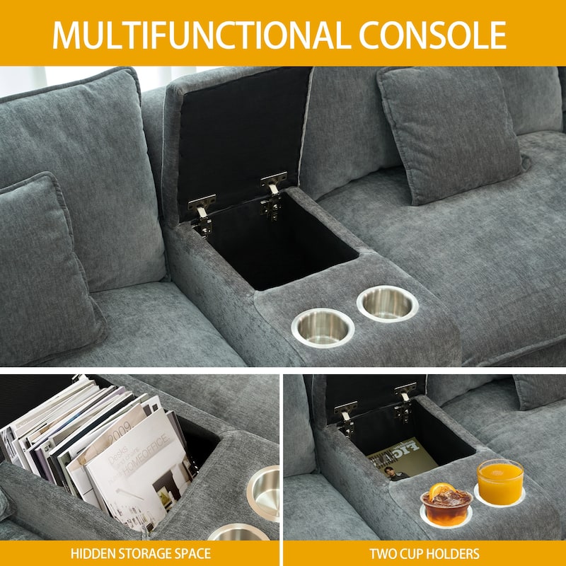 GDFStudio - Rei American Design 144" U-Shaped Comfy Fluffy Chenille Modular Sofa with Movable Ottoman & Storage