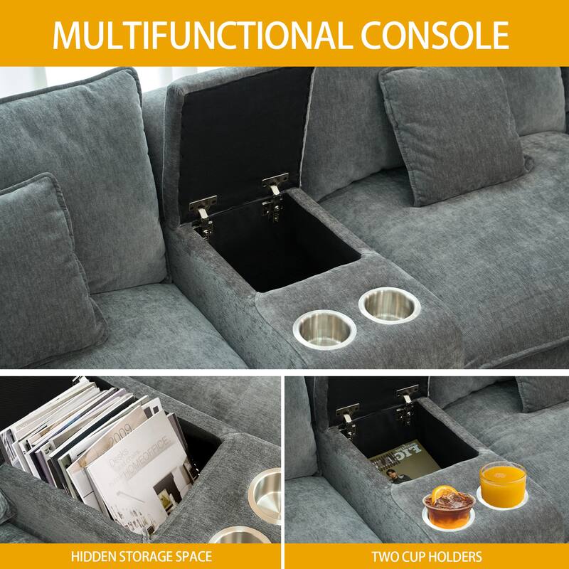 Modular U-shaped Sectional Sofa with Chaise, Chenille Upholstered Couch, Armrest Console with Cup Holders and Hidden Storage