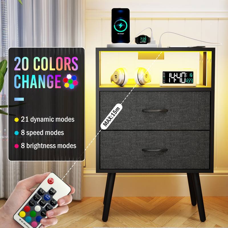 Modern 2-Piece Nightstand with LED Light and 2 Fabric Drawers