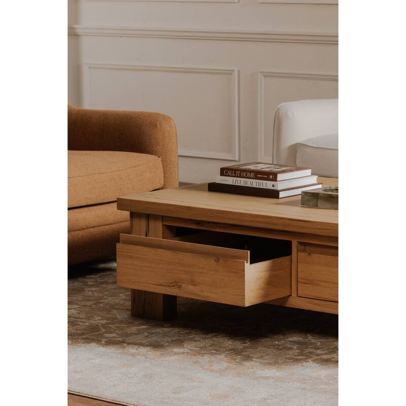 NADAAL STUDIOS Mareth Coffee Table, Rectangular Rustic Oak Top with Rounded Edge, Solid Oak Legs Dual-Sided Drawers, Natural