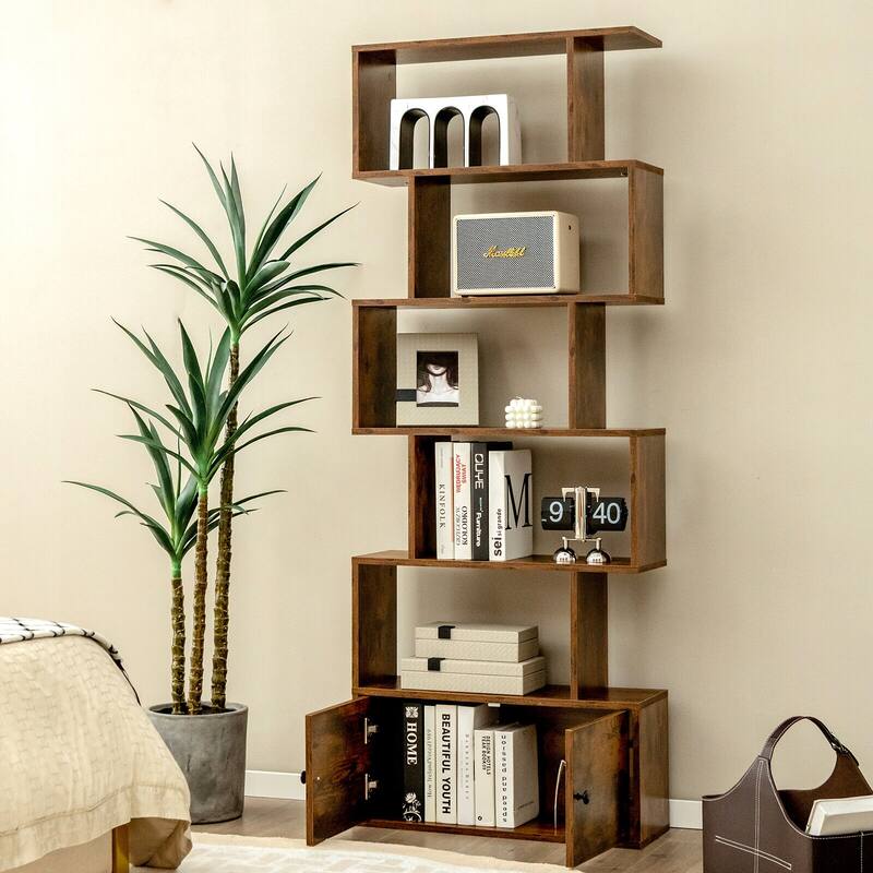6-Tier Freestanding Modern S-Shaped Bookshelf with Storage Cabinet for Living Room and Office Use - 27.5" x 9" x 72" (L x W x H)