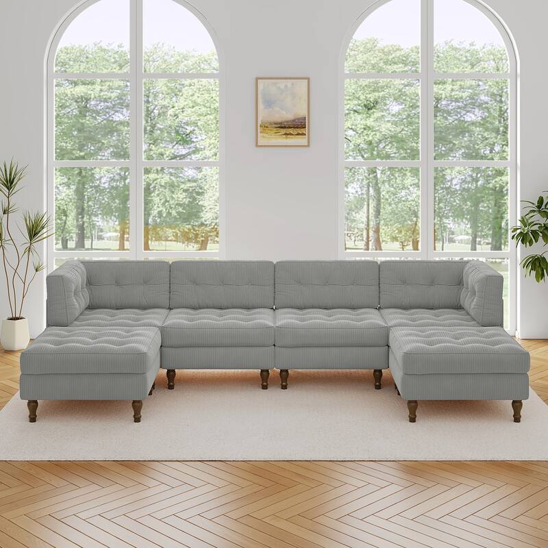 130"W Corduroy Upholstered Modular Sectional Sofa with Storage Ottoman - Light Grey