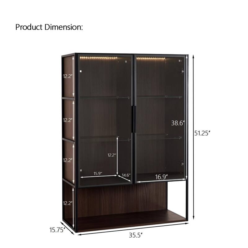 51.2'' Lighted Display Cabinet with Glass Doors, 4-Tier Adjustable Tempered Shelves & Metal Frame for Living Room or Kitchen