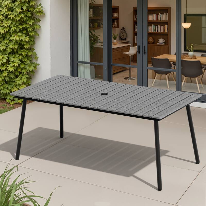 70in Outdoor Patio Rectangle Aluminum Wood-Like Dining Table with Umbrella Hole