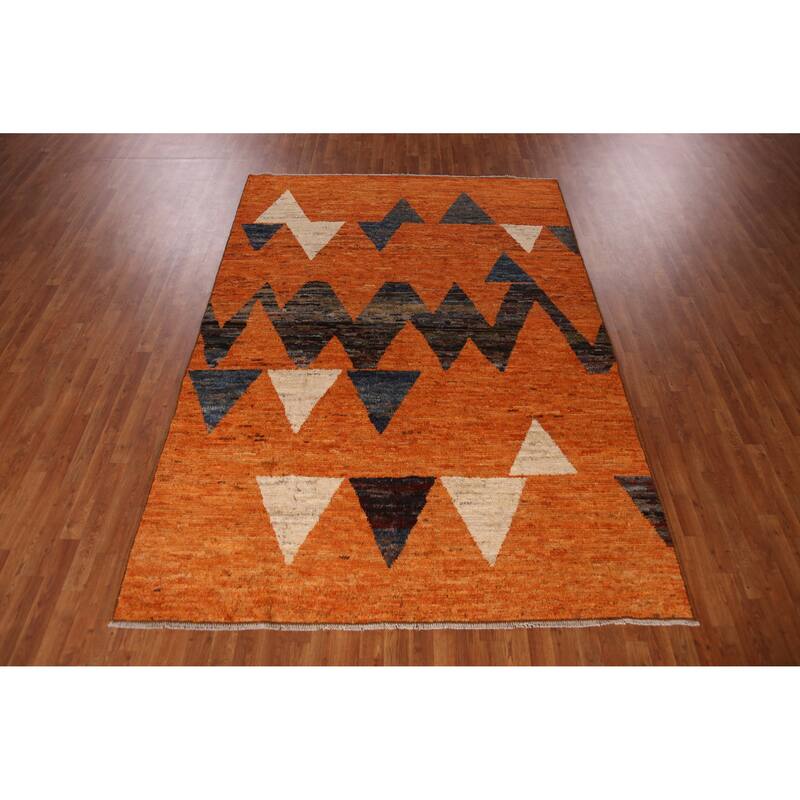 Geometric Orange Moroccan Oriental Rug Hand-Knotted Wool Carpet - 6'10" x 9'10"