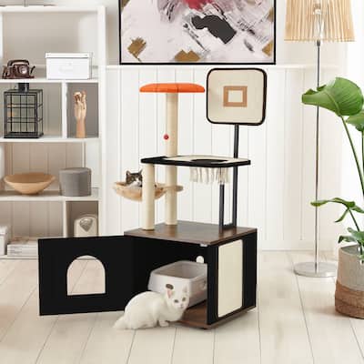 EROMMY Cat Tree, Cat Litter Box Enclosure, 2-in-1 Cat Tower, Cat House with Scratching Posts for Indoor Cats