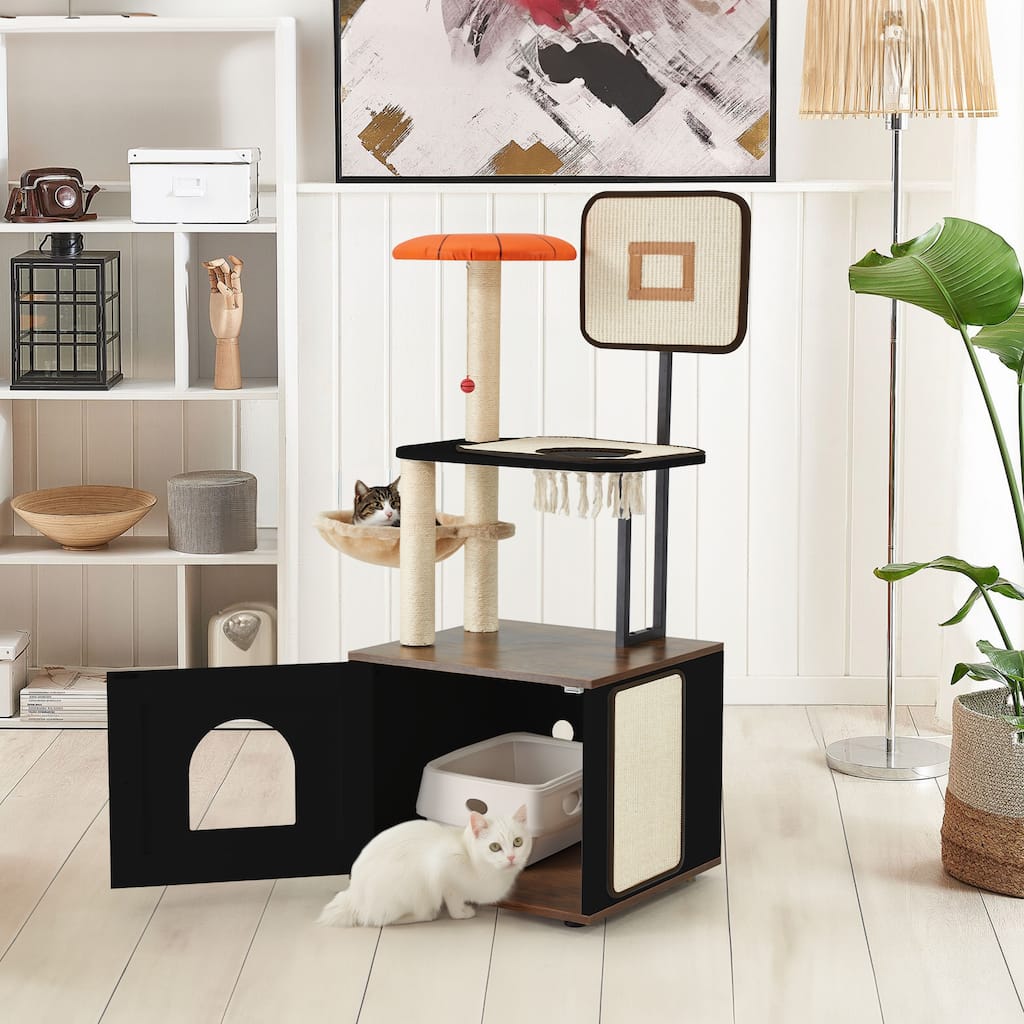 EROMMY Cat Tree, Cat Litter Box Enclosure, 2-in-1 Cat Tower, Cat House with Scratching Posts for Indoor Cats