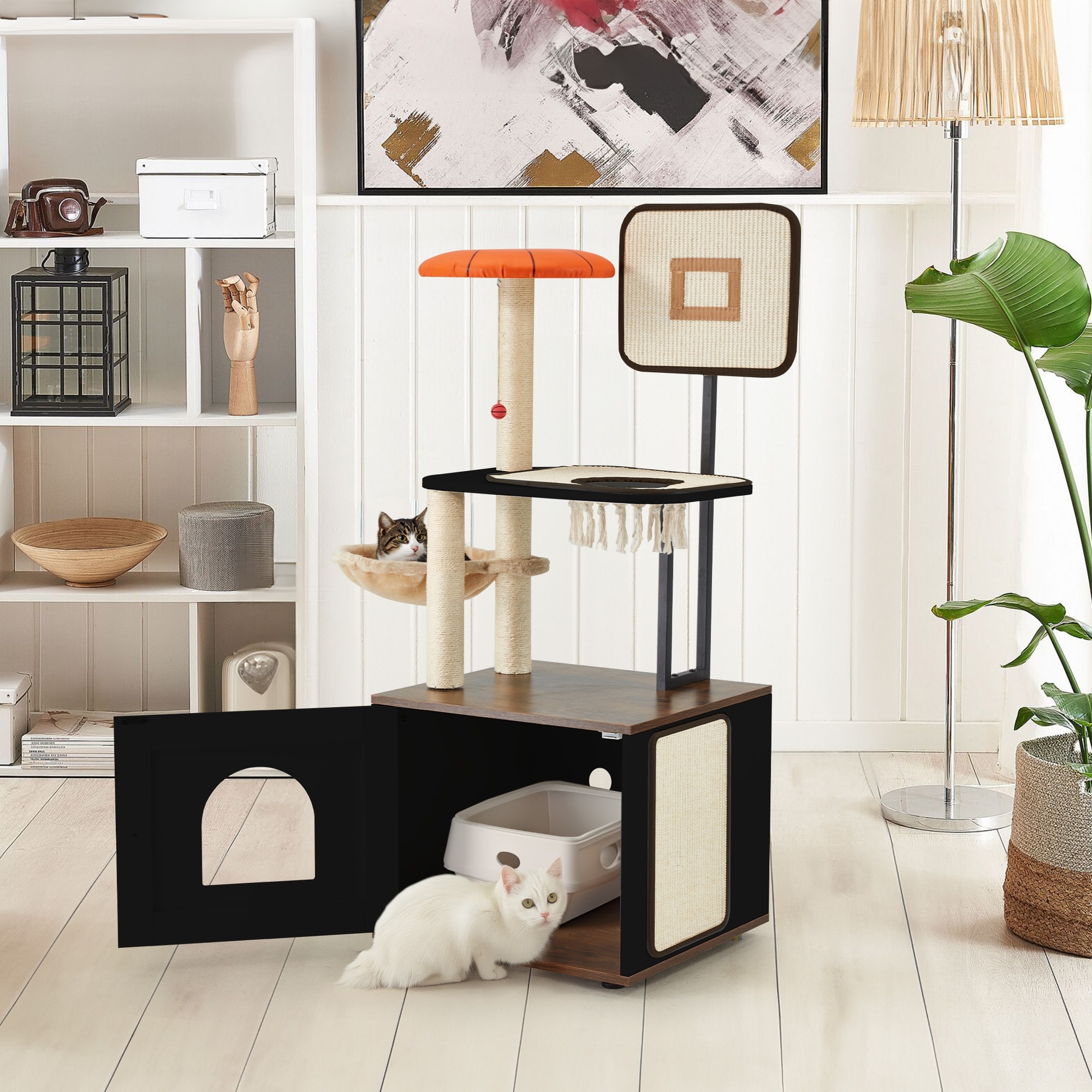 EROMMY Cat Tree, Cat Litter Box Enclosure, 2-in-1 Cat Tower, Cat House with Scratching Posts for Indoor Cats