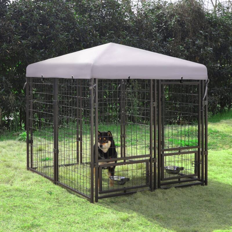 VEIKOUS Outdoor Dog Cage Kennel Fence with Rotating Feeding Door, Cover, and Stainless Bowls - 4.5 ft. × 4.5 ft.