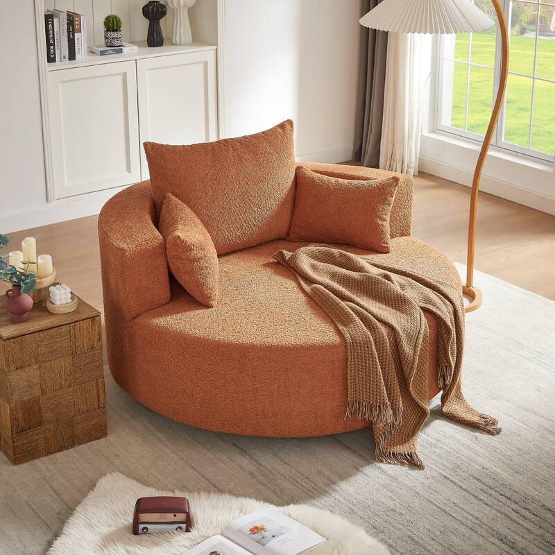 Chenille Accent Barrel Chair Lounge Chair, Round Sofa Chair Armchair with 360-Degree Swivel Base and 3 Removable Pillows - Red