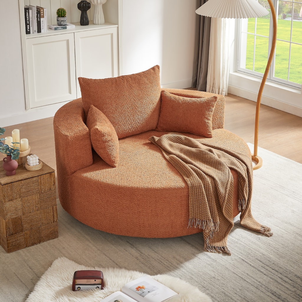 Chenille Accent Barrel Chair Lounge Chair, Round Sofa Chair Armchair with 360-Degree Swivel Base and 3 Removable Pillows